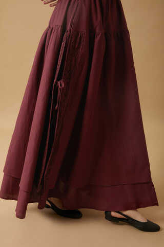 Lace Detailed Linen Skirt Burgundy - 3