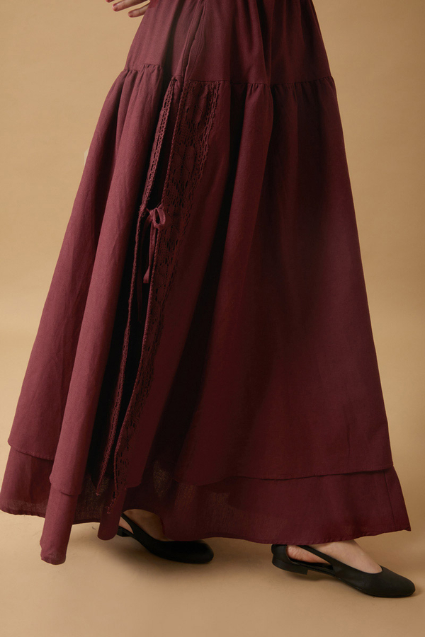 Lace Detailed Linen Skirt Burgundy - 3