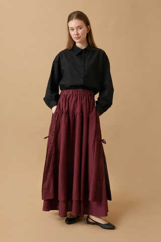 Lace Detailed Linen Skirt Burgundy - 2