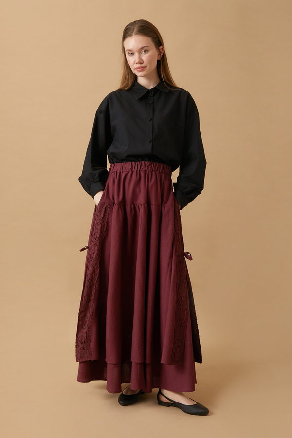 Lace Detailed Linen Skirt Burgundy - 2