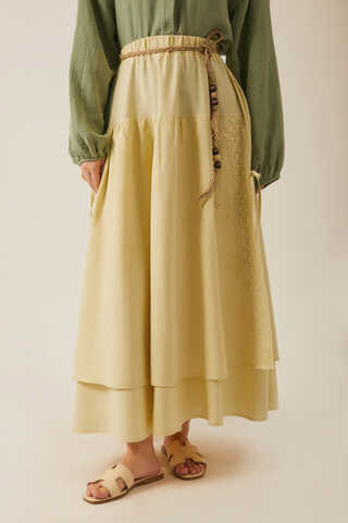 Lace Detailed Linen Skirt Butter Yellow - 2