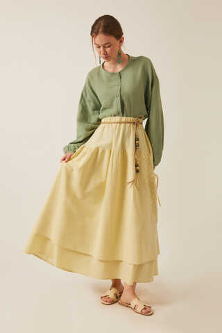 Lace Detailed Linen Skirt Butter Yellow - 4