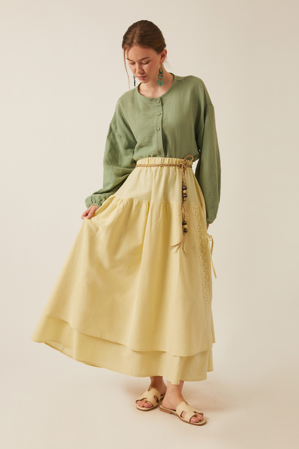 Lace Detailed Linen Skirt Butter Yellow - 4