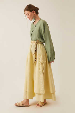Lace Detailed Linen Skirt Butter Yellow - 8