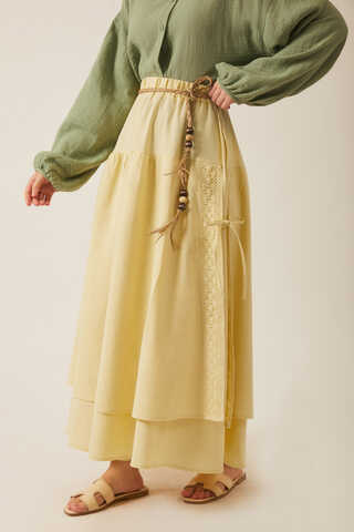 Lace Detailed Linen Skirt Butter Yellow - 11