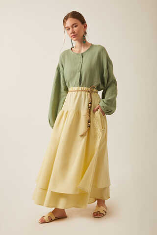 Lace Detailed Linen Skirt Butter Yellow - 12