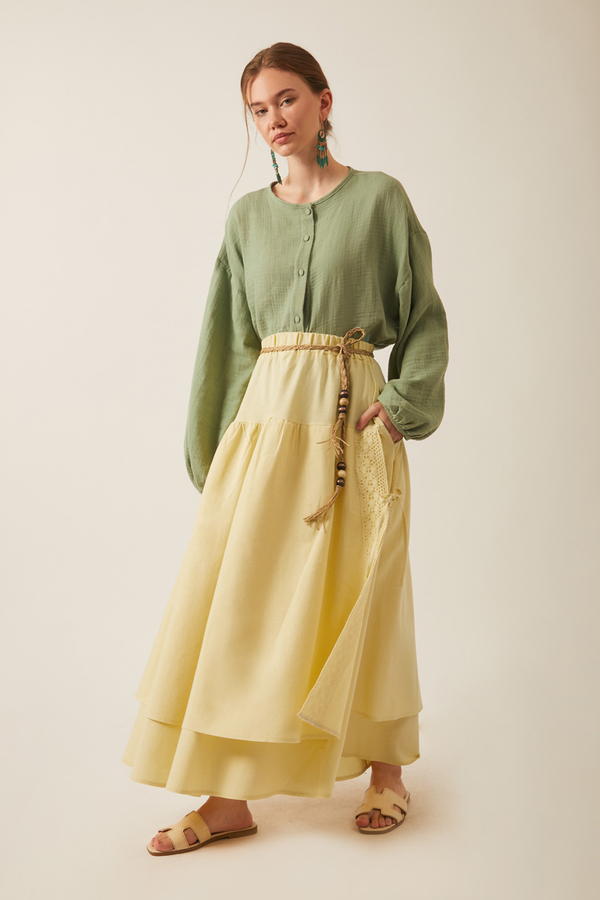 Lace Detailed Linen Skirt Butter Yellow - 12