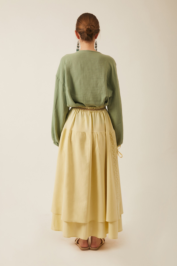 Lace Detailed Linen Skirt Butter Yellow - 13