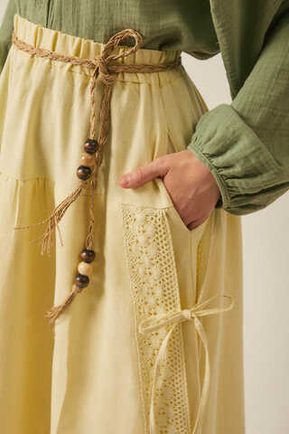 Lace Detailed Linen Skirt Butter Yellow - 3