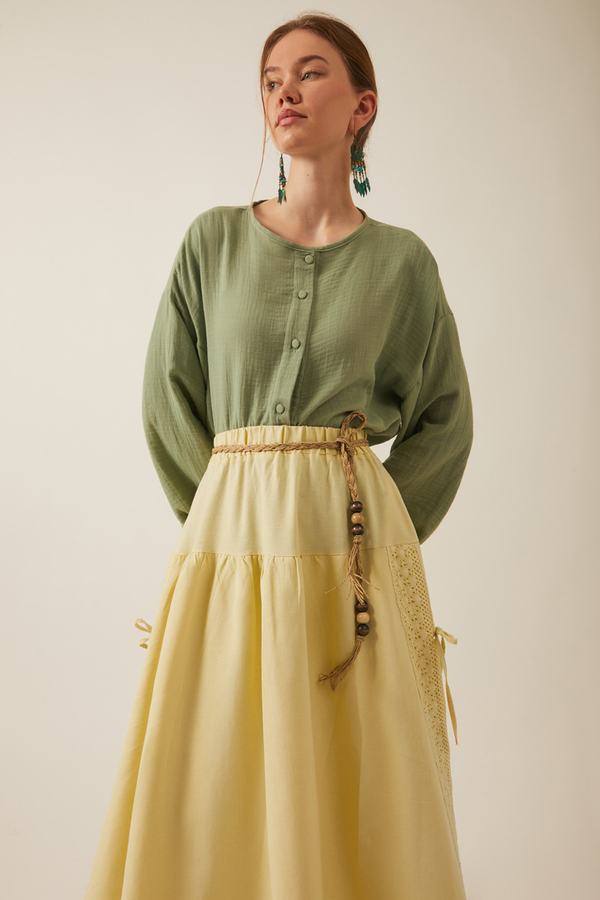 Lace Detailed Linen Skirt Butter Yellow - 5