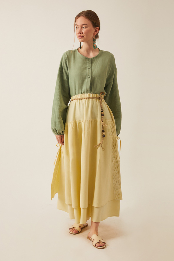 Lace Detailed Linen Skirt Butter Yellow - 6