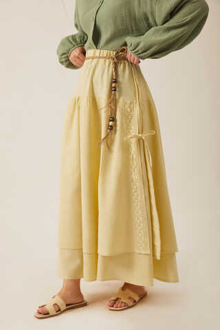 Lace Detailed Linen Skirt Butter Yellow - 10