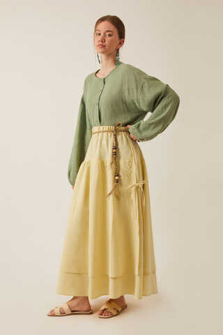 Lace Detailed Linen Skirt Butter Yellow - 1