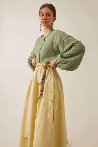Lace Detailed Linen Skirt Butter Yellow - 9