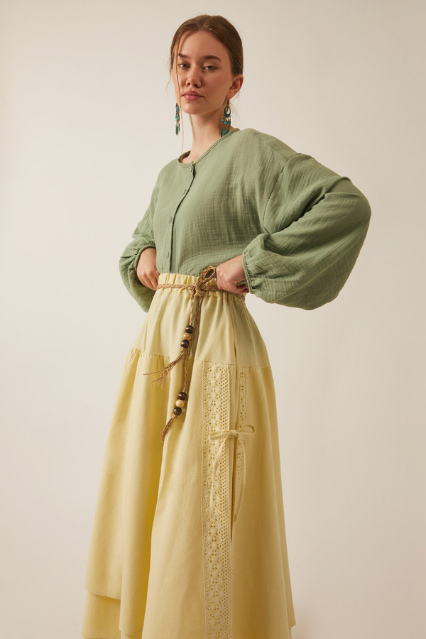 Lace Detailed Linen Skirt Butter Yellow - 9