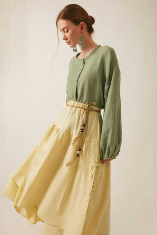 Lace Detailed Linen Skirt Butter Yellow - 7