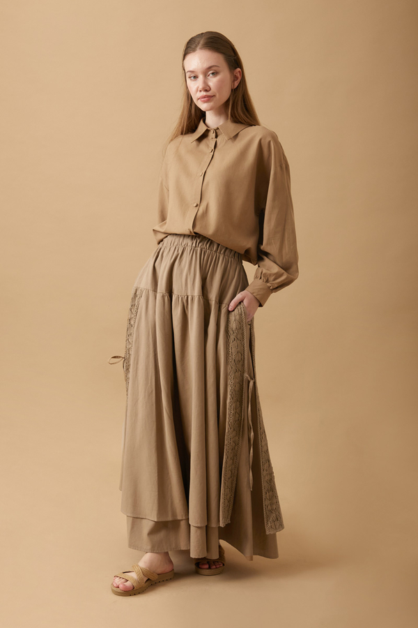 Lace Detailed Linen Skirt Camel - 2