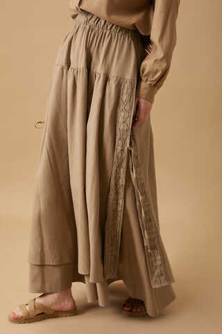 Lace Detailed Linen Skirt Camel - 4