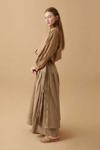 Lace Detailed Linen Skirt Camel - 5