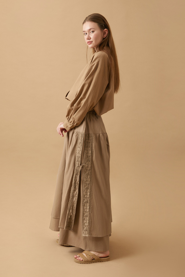Lace Detailed Linen Skirt Camel - 5