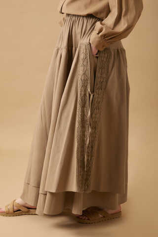 Lace Detailed Linen Skirt Camel - 6