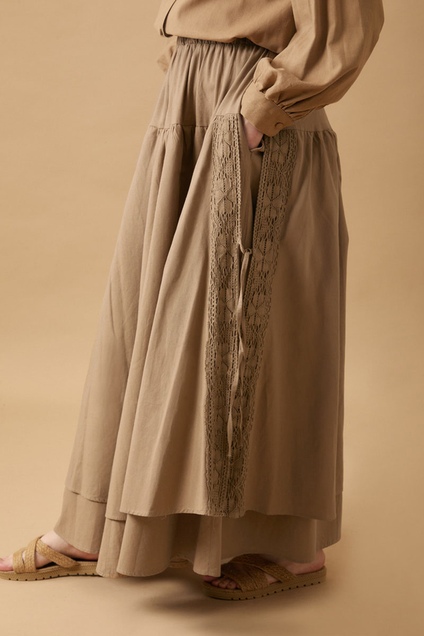 Lace Detailed Linen Skirt Camel - 6