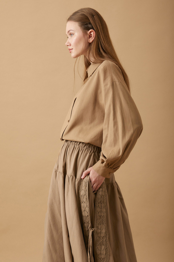 Lace Detailed Linen Skirt Camel - 8