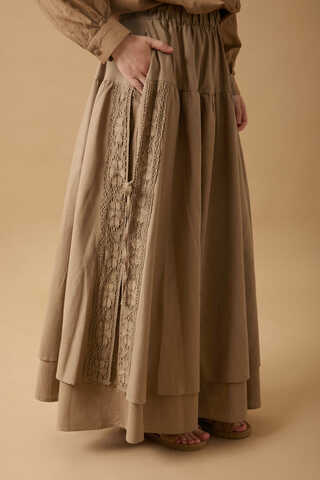 Lace Detailed Linen Skirt Camel - 7