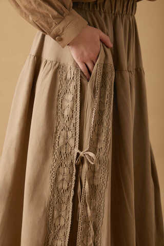 Lace Detailed Linen Skirt Camel - 3