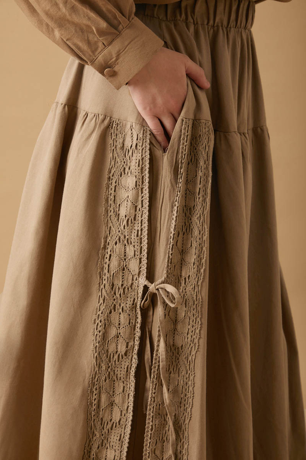 Lace Detailed Linen Skirt Camel - 3
