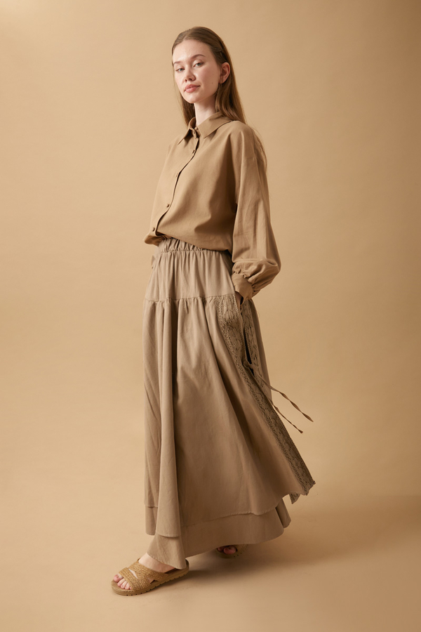 Lace Detailed Linen Skirt Camel - 9