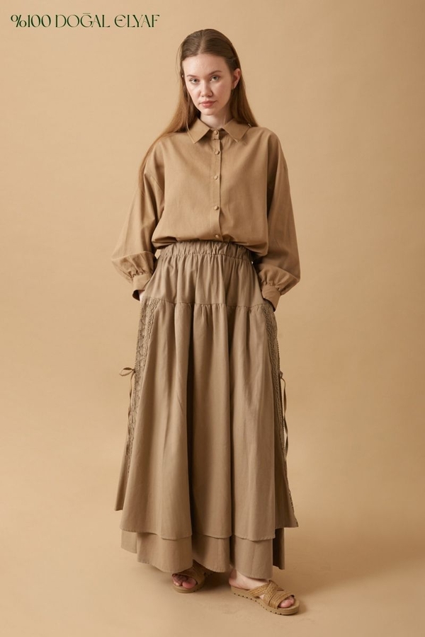 Lace Detailed Linen Skirt Camel - 1