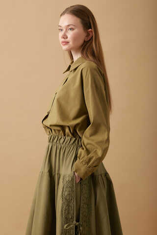 Lace Detailed Linen Skirt Khaki - 8