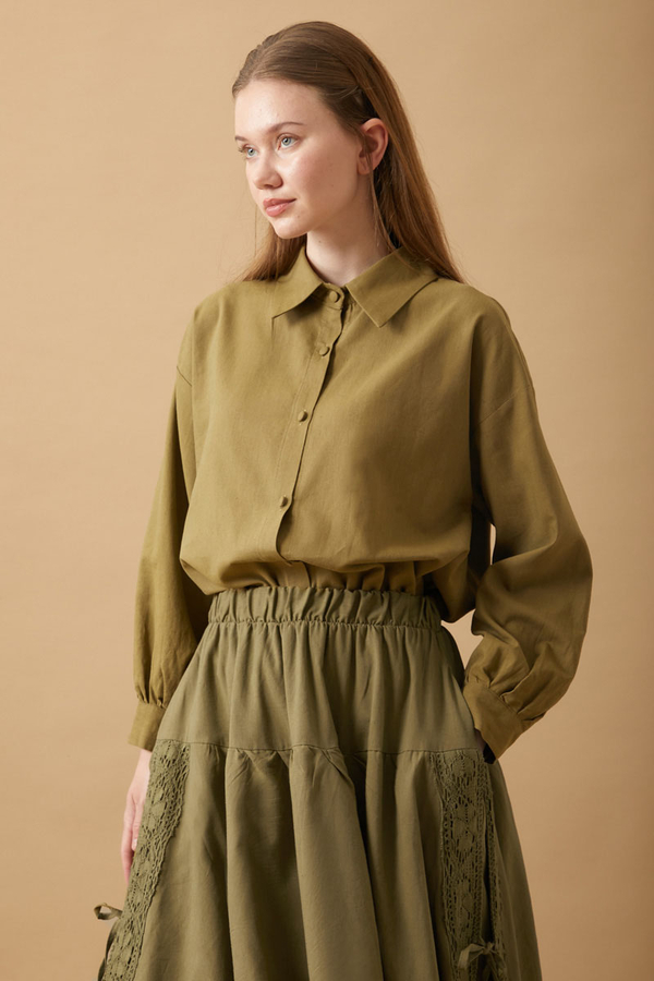 Lace Detailed Linen Skirt Khaki - 10