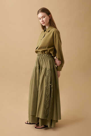 Lace Detailed Linen Skirt Khaki - 9