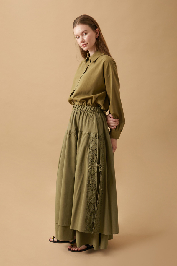 Lace Detailed Linen Skirt Khaki - 9