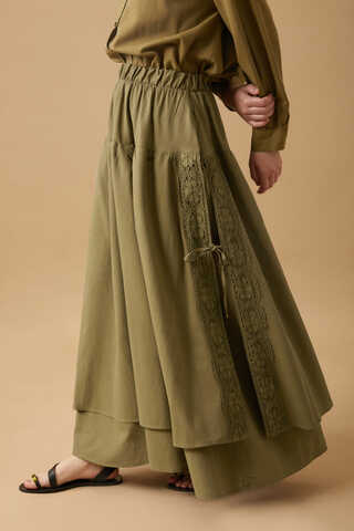 Lace Detailed Linen Skirt Khaki - 11