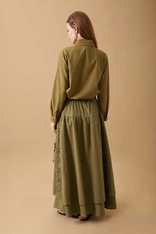 Lace Detailed Linen Skirt Khaki - 14