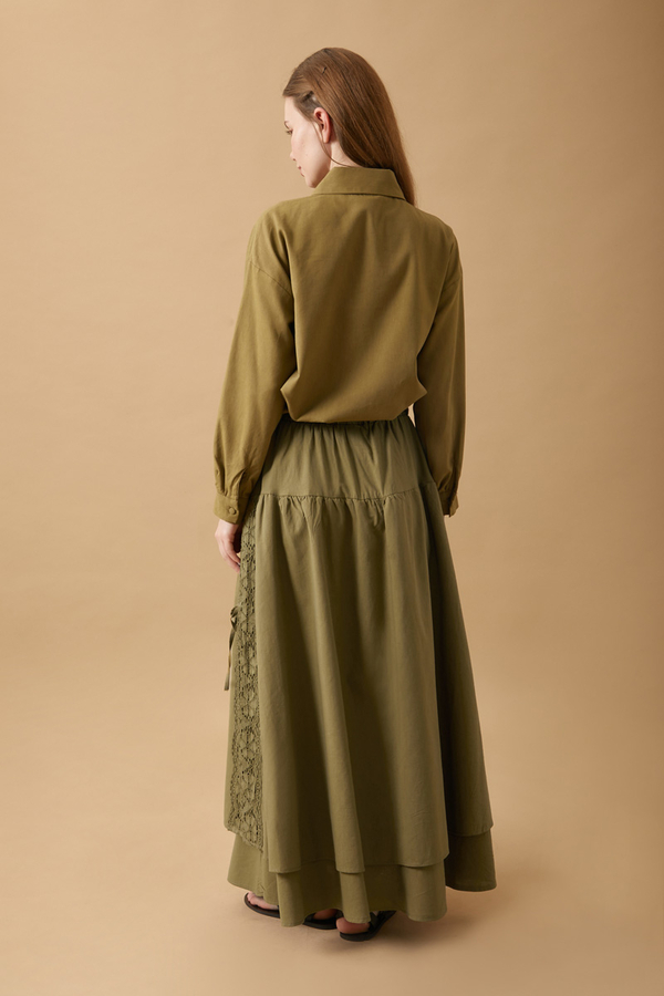 Lace Detailed Linen Skirt Khaki - 14