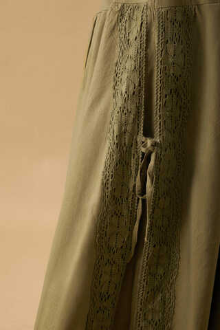 Lace Detailed Linen Skirt Khaki - 12