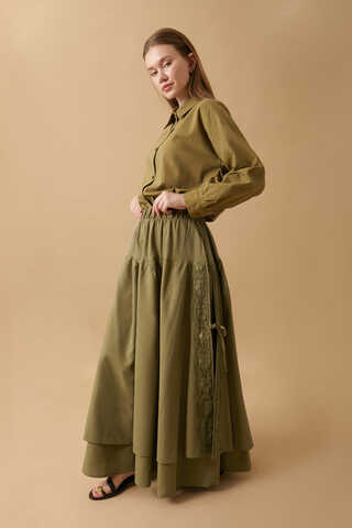 Lace Detailed Linen Skirt Khaki - 13