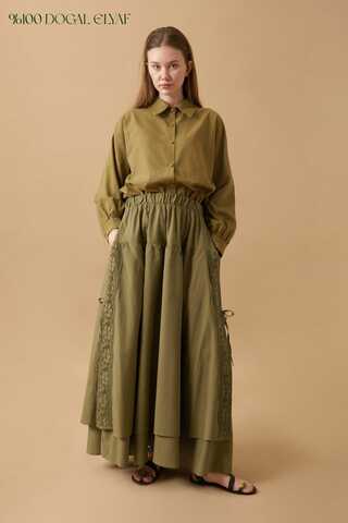 Lace Detailed Linen Skirt Khaki - 7
