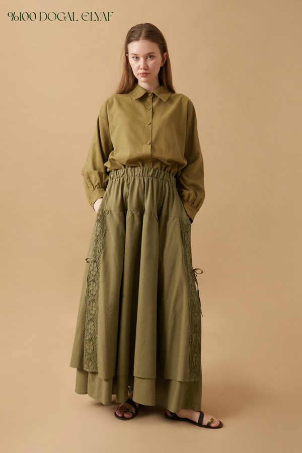 Lace Detailed Linen Skirt Khaki - 7