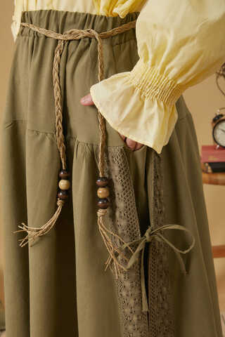 Lace Detailed Linen Skirt Khaki - 3