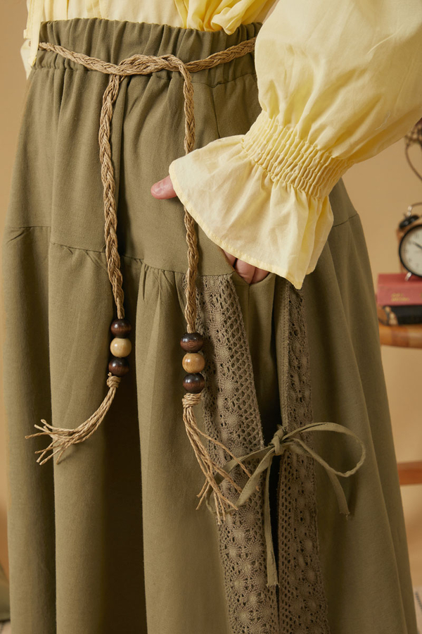 Lace Detailed Linen Skirt Khaki - 3