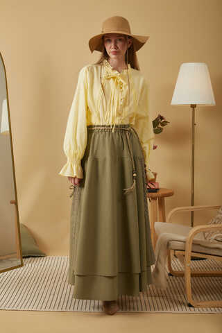 Lace Detailed Linen Skirt Khaki - 4