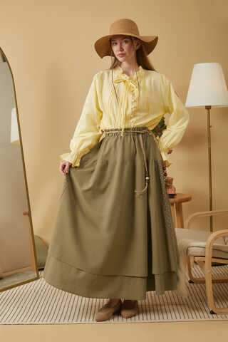 Lace Detailed Linen Skirt Khaki - 1