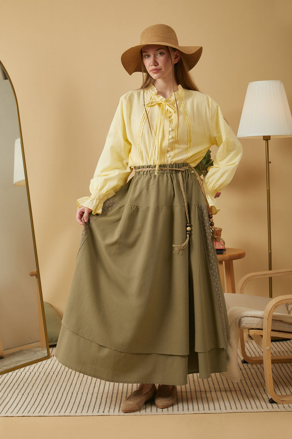 Lace Detailed Linen Skirt Khaki - 1
