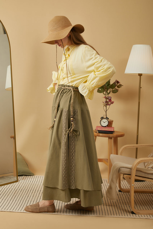 Lace Detailed Linen Skirt Khaki - 5