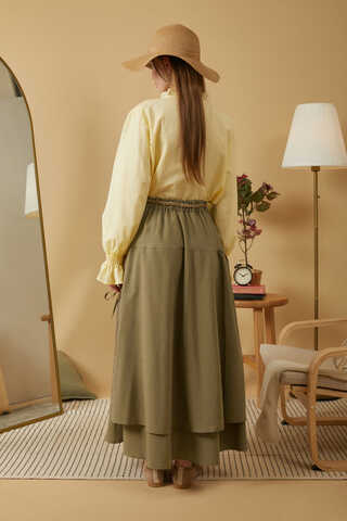 Lace Detailed Linen Skirt Khaki - 6
